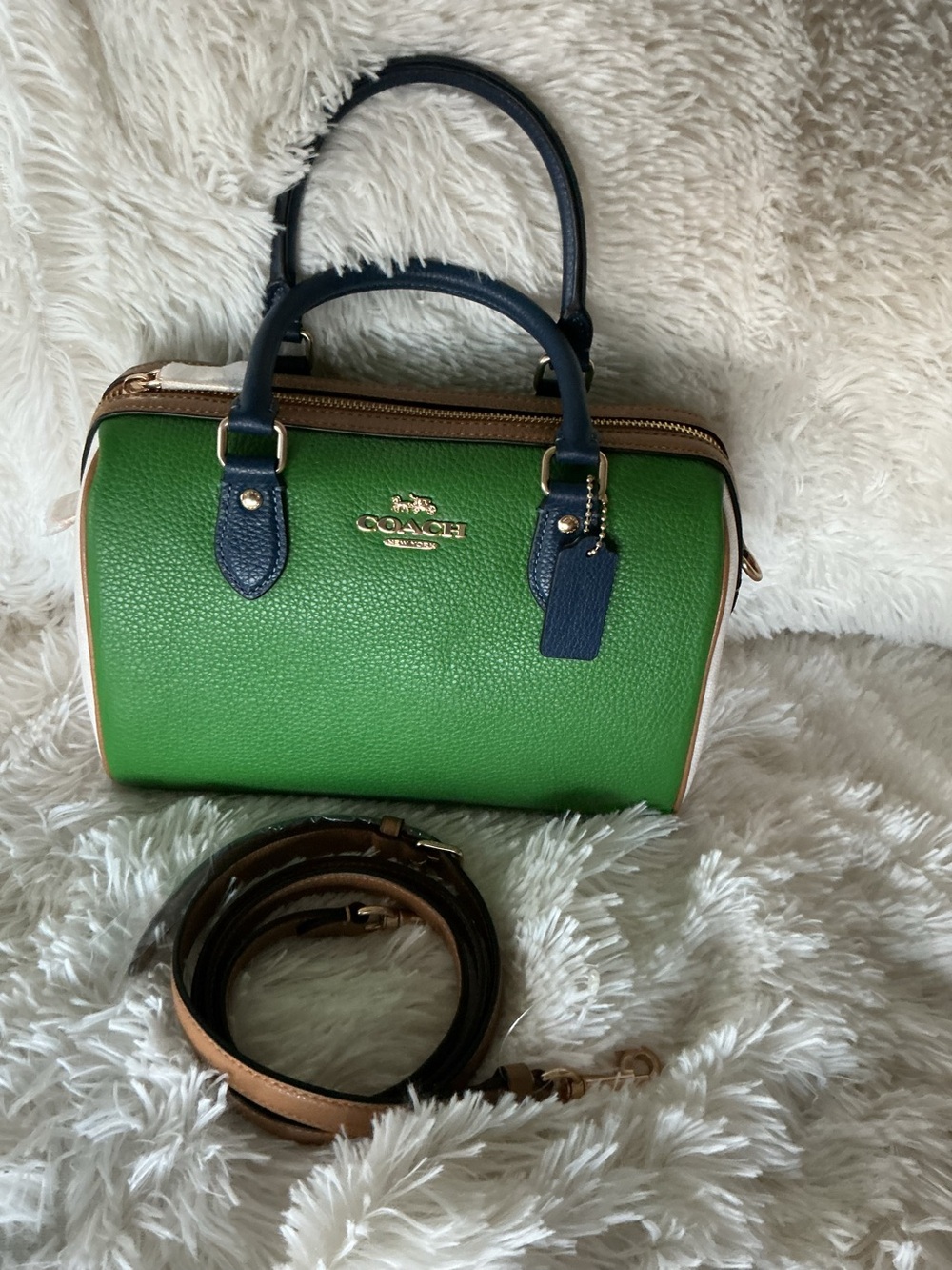 Coach Varsity Rowan Satchel chalk/green with Navy Accents